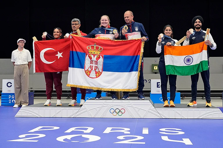 Paris Olympics Shooting10m air pistol mixed team: Serbia won the gold medal, while Turkey and India won the silver and the bronze respectively. - | Photo: AP/Manish Swarup